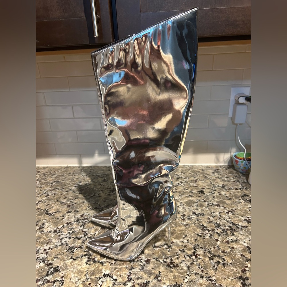 Brand New Miss Lola Silver Knee-High Boots